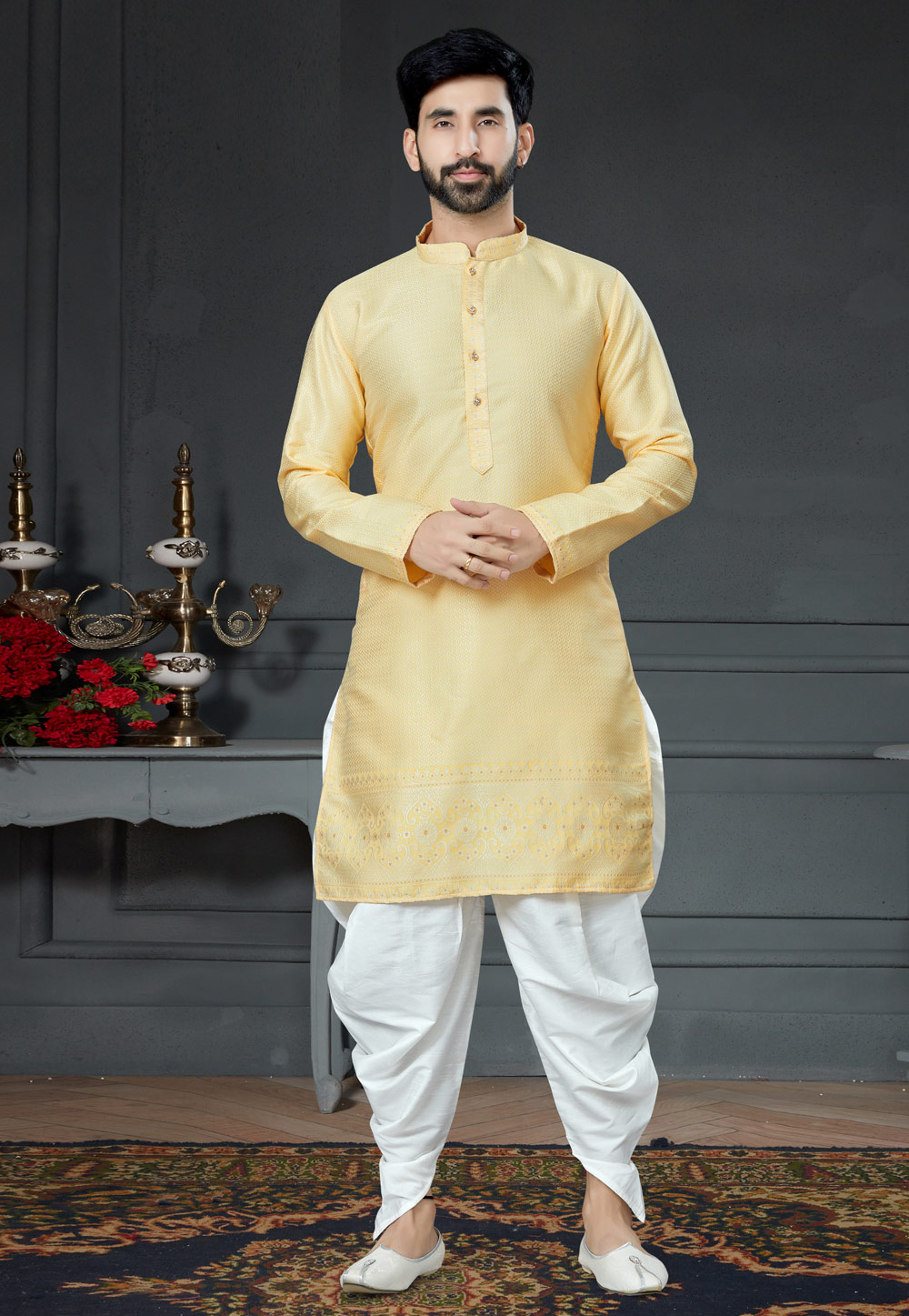 Yellow Silk Jacquard Dhoti Kurta 250993