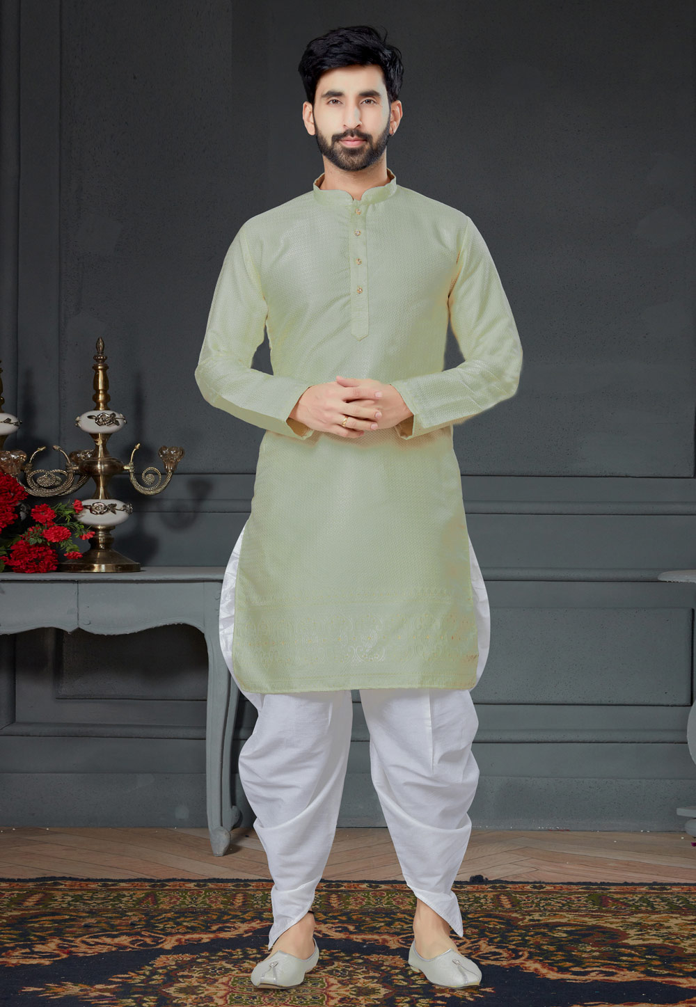 Pista Green Silk Jacquard Dhoti Kurta 250994