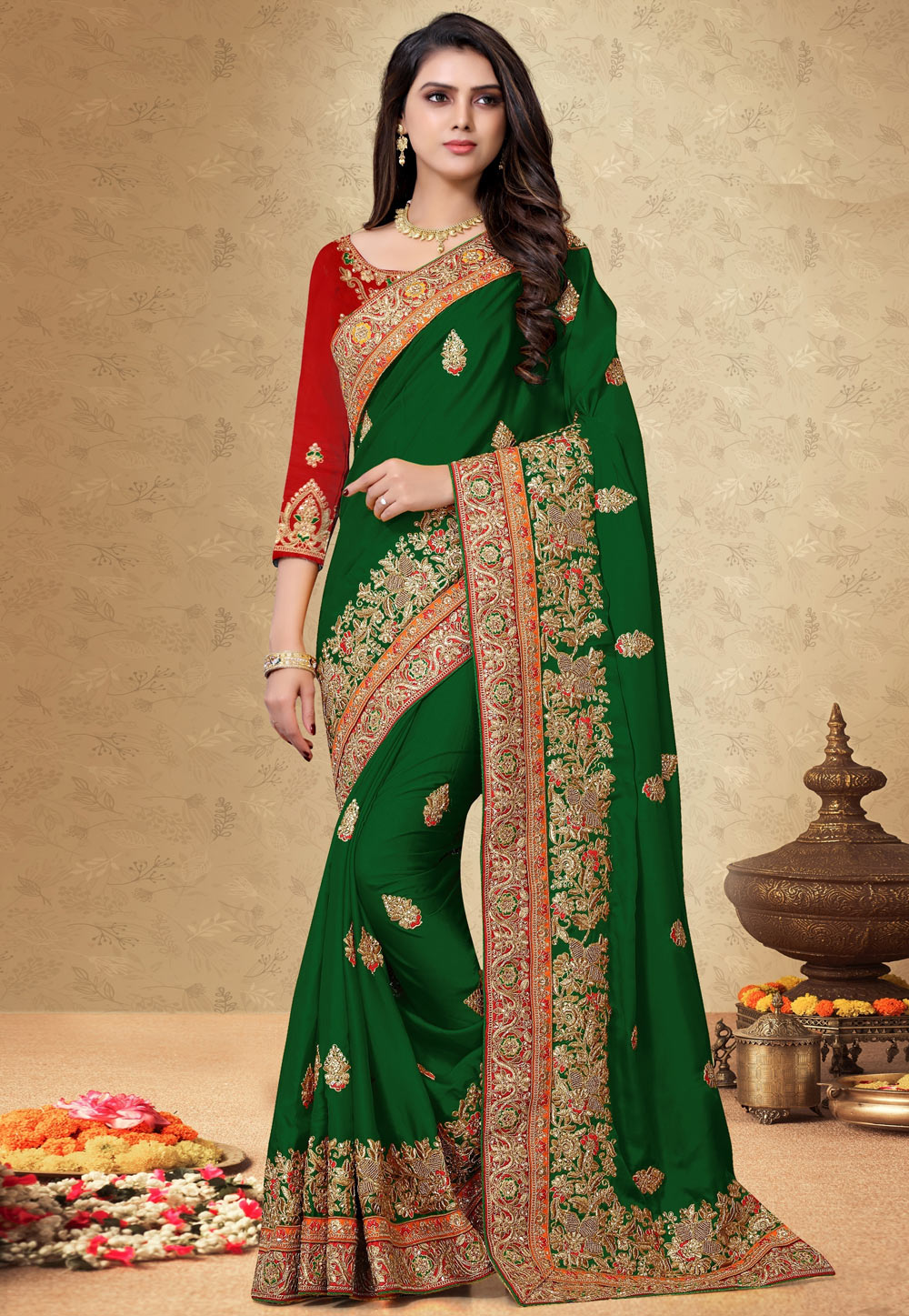 Green Satin Georgette Festival Wear Saree 207181
