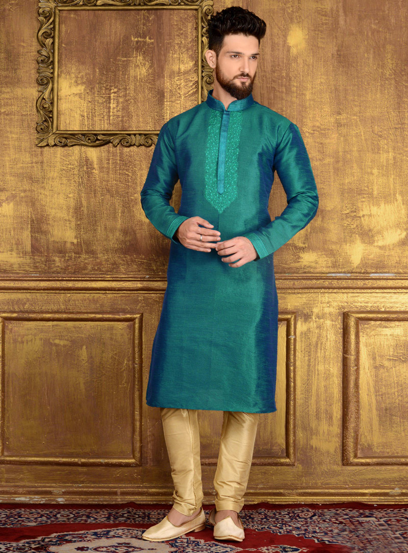 Teal Art Silk Readymade Kurta Pajama 106164