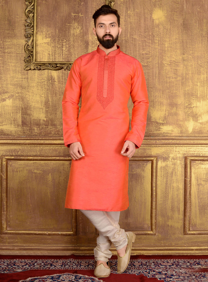 Peach Art Silk Readymade Kurta Pajama 106165