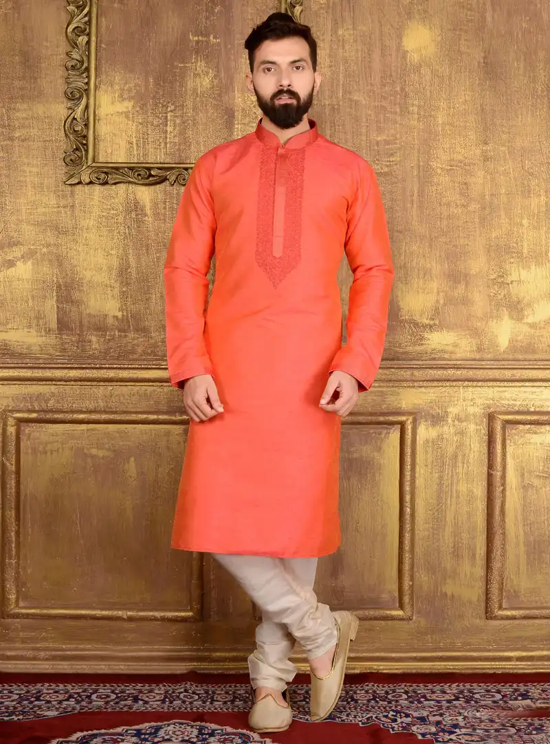 Peach Art Silk Readymade Kurta Pajama 106165