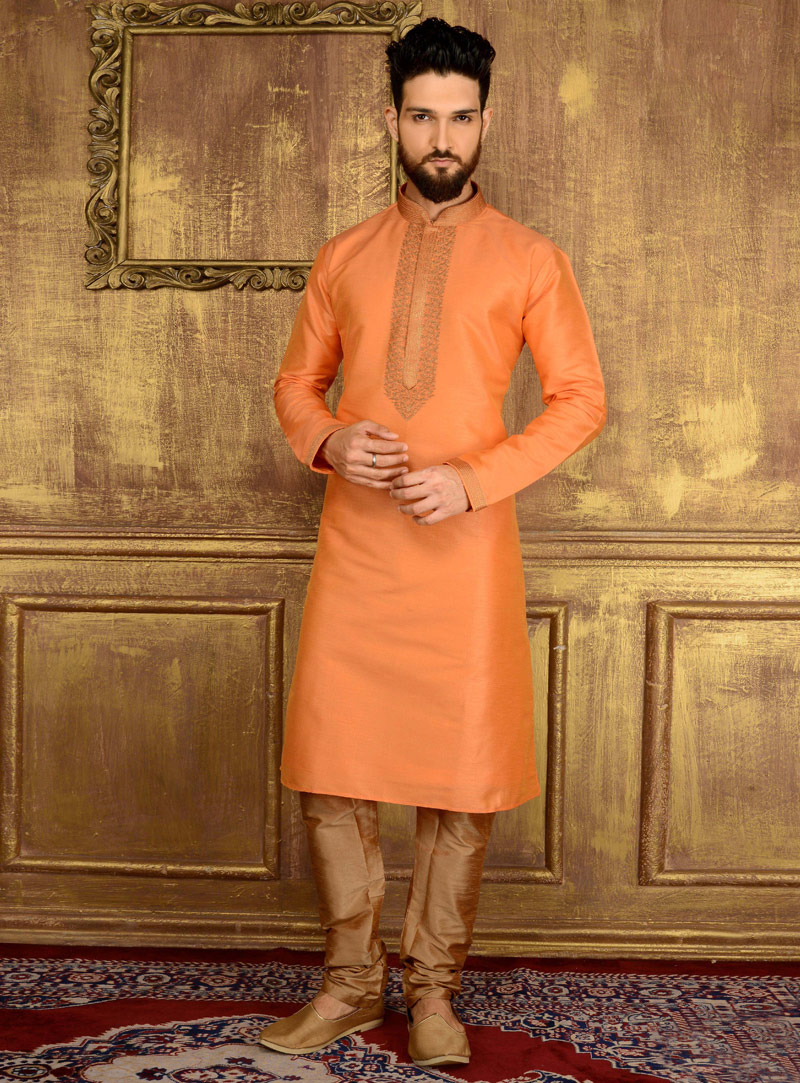 Orange Art Silk Readymade Kurta Pajama 106166