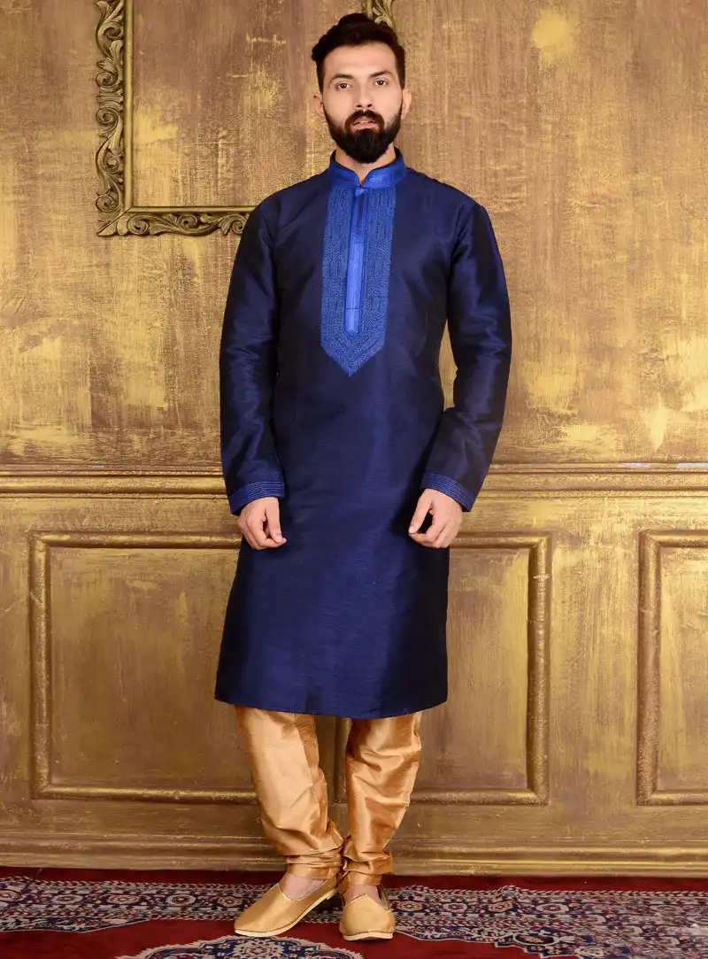 Navy Blue Art Silk Readymade Kurta Pajama 106168