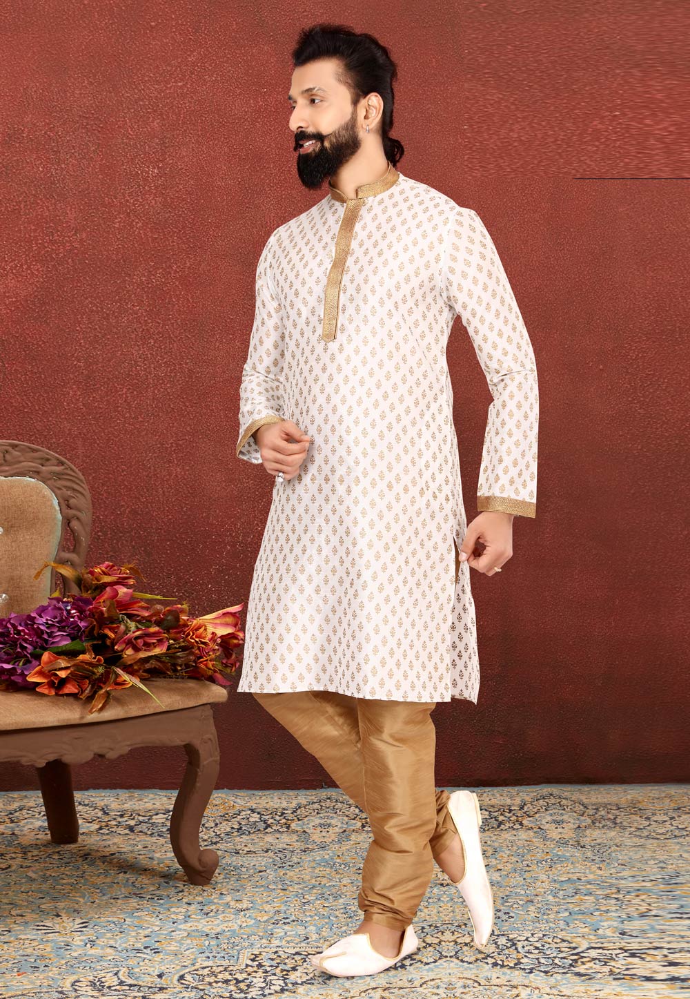 Off White Banarasi Kurta Pajama 240449