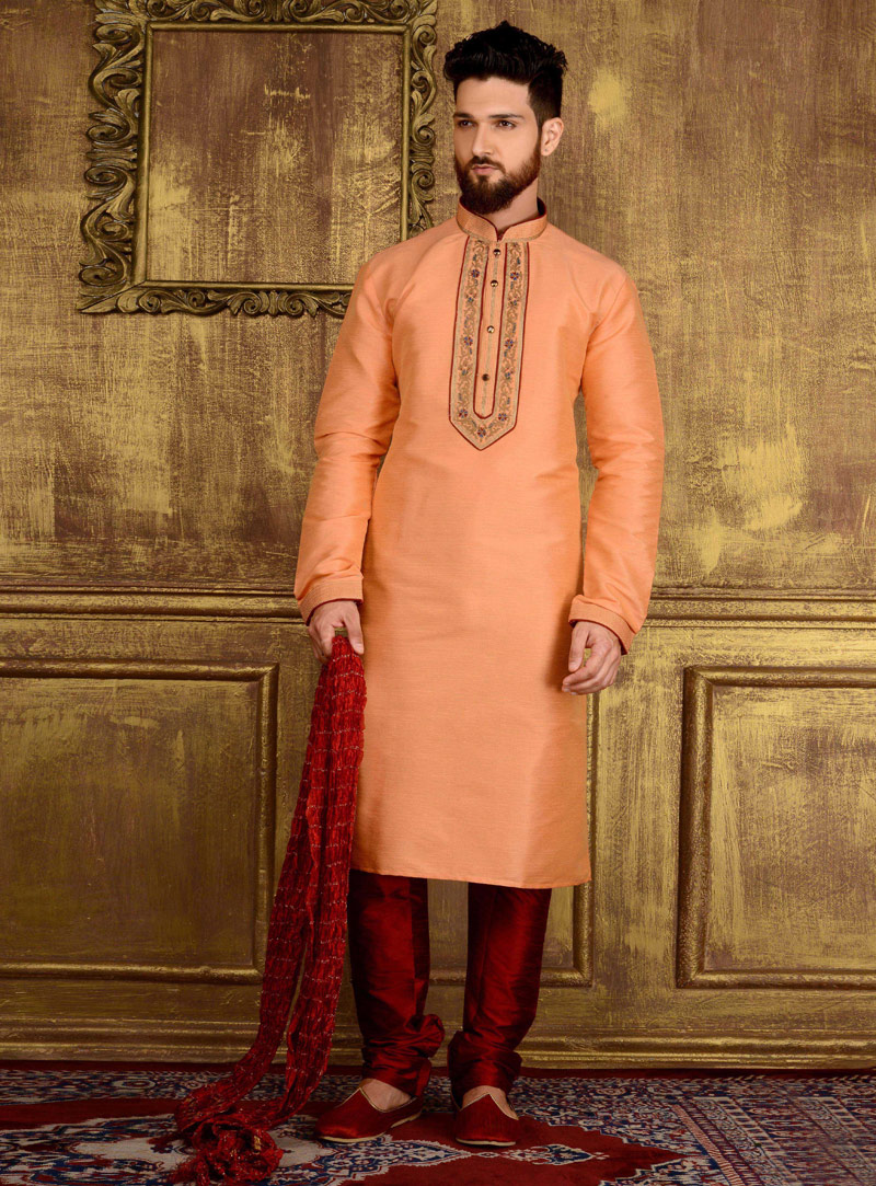 Peach Art Silk Readymade Kurta Pajama 106172