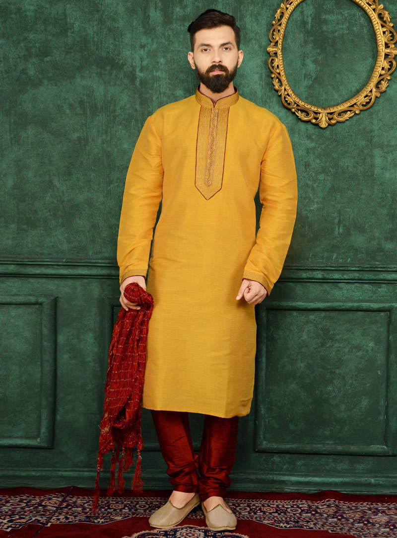 Yellow Art Silk Readymade Kurta Pajama 106173