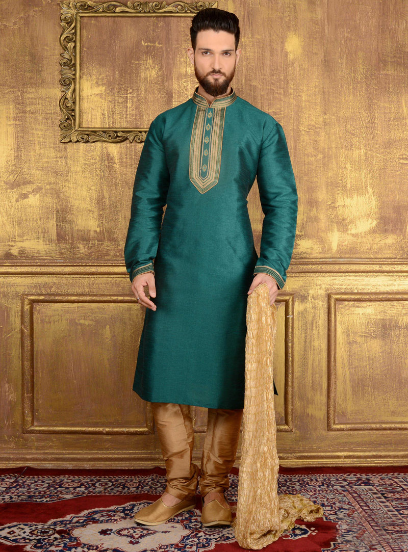 Teal Art Silk Readymade Kurta Pajama 106176
