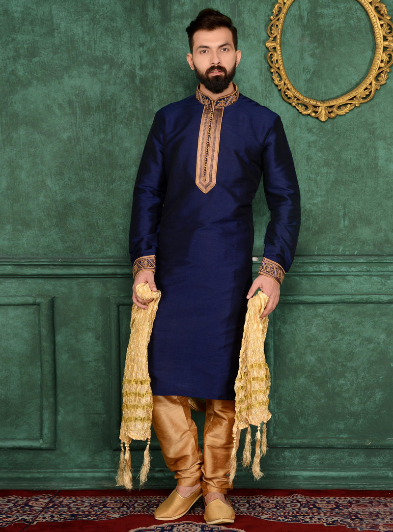 Navy Blue Art Silk Readymade Kurta Pajama 106177