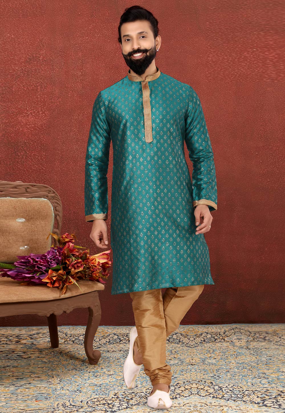 Sea Green Banarasi Kurta Pajama 240450