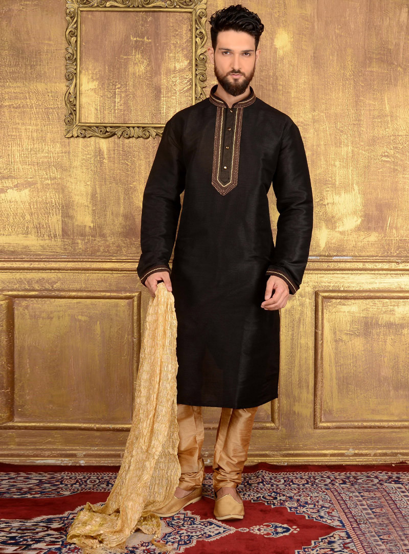 Black Art Silk Readymade Kurta Pajama 106372