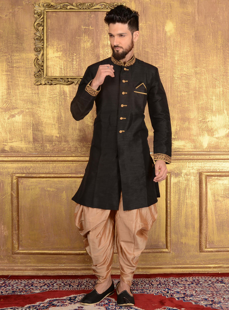 Black Banarasi Silk Indo Western Sherwani 108173