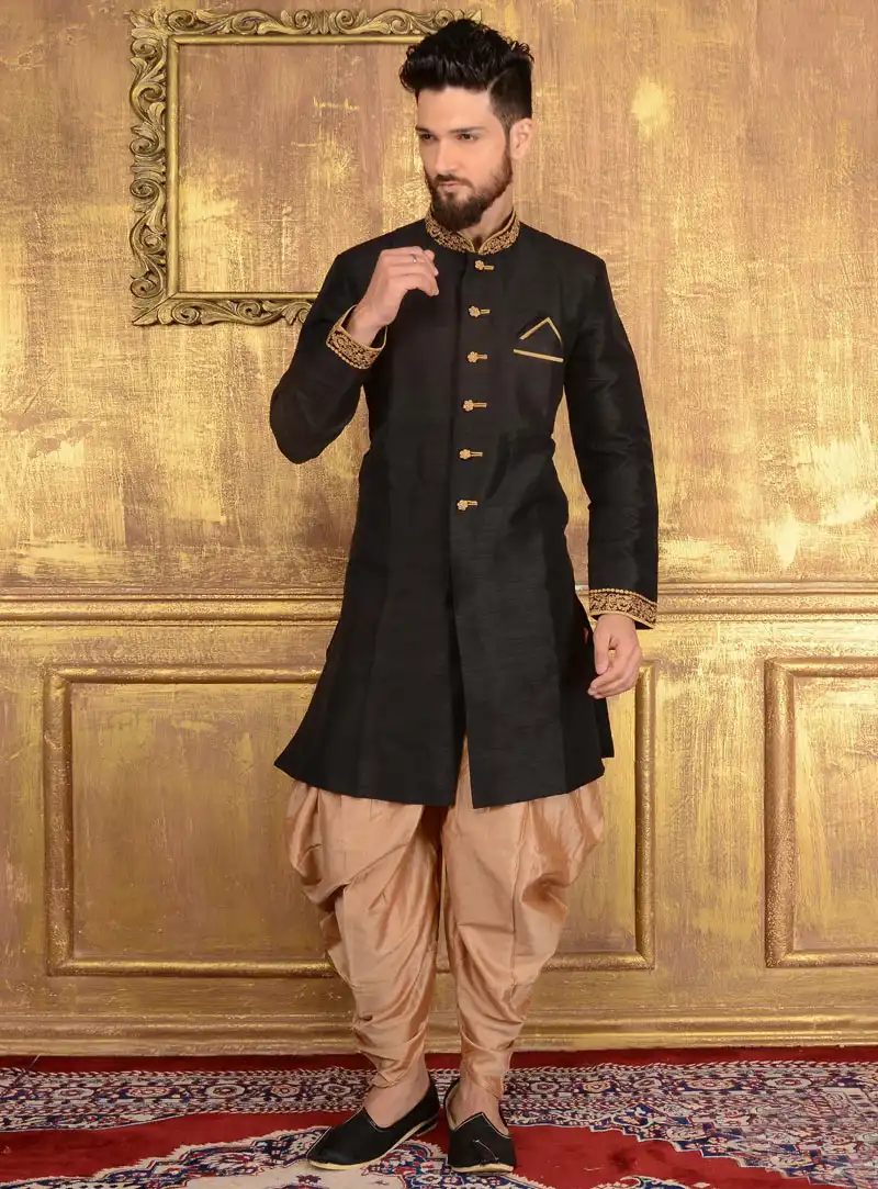 Black Banarasi Silk Indo Western Sherwani 108173