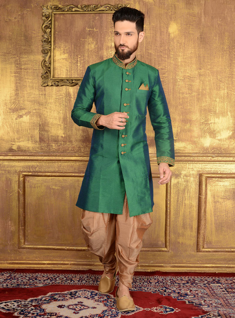 Green Banarasi Silk Indo Western Sherwani 108174