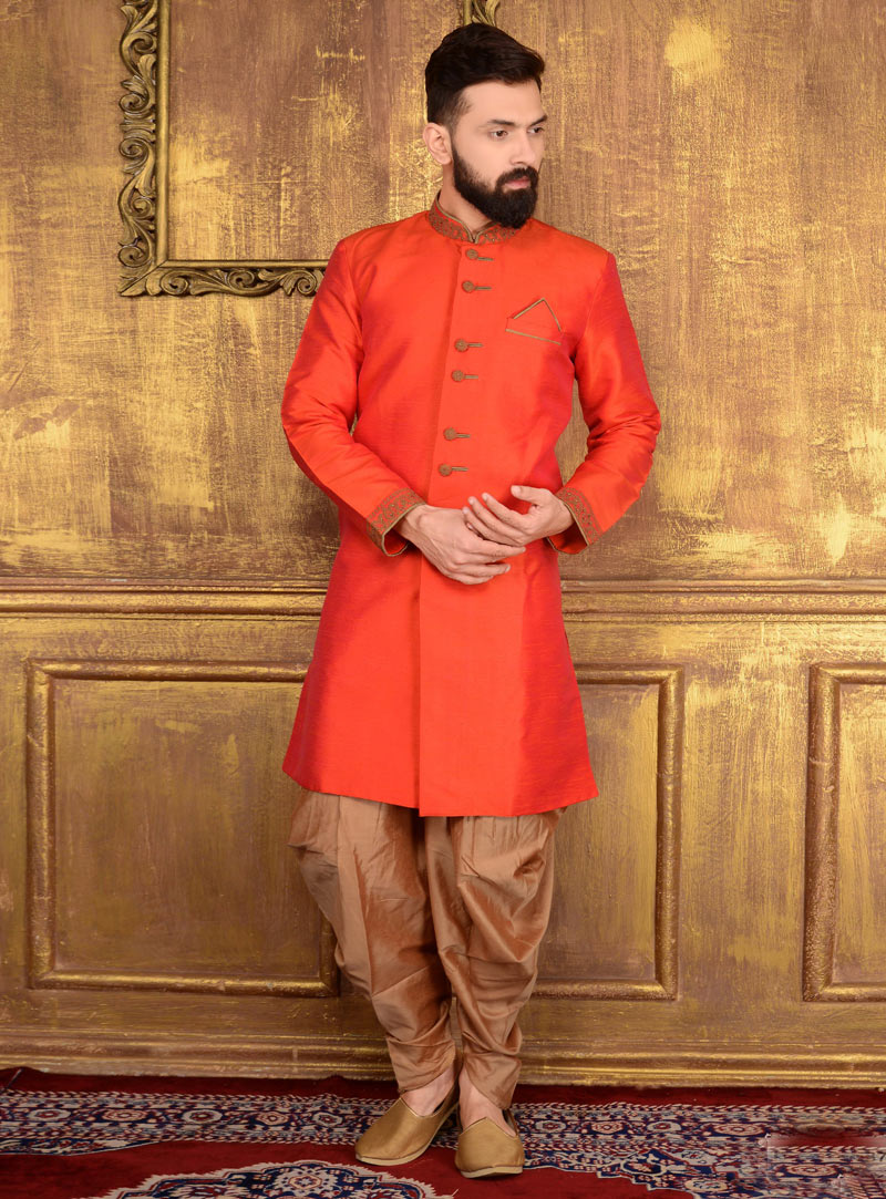 Orange Banarasi Silk Indo Western Sherwani 108175