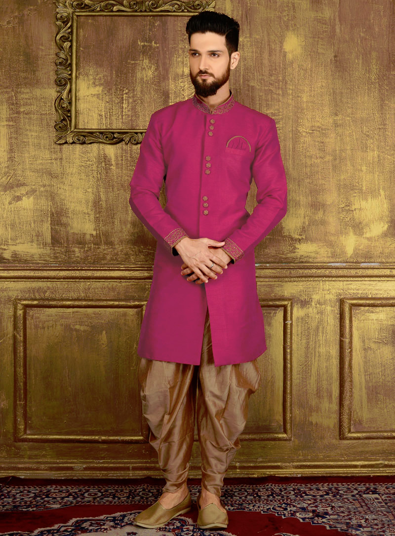 Magenta Banarasi Silk Indo Western Sherwani 108176