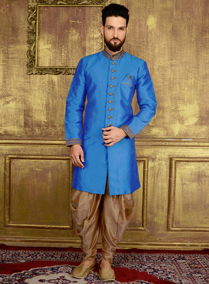 Royal Blue Banarasi Silk Indo Western Sherwani 108178