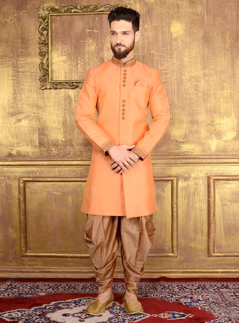 Orange Banarasi Silk Indo Western Sherwani 108179