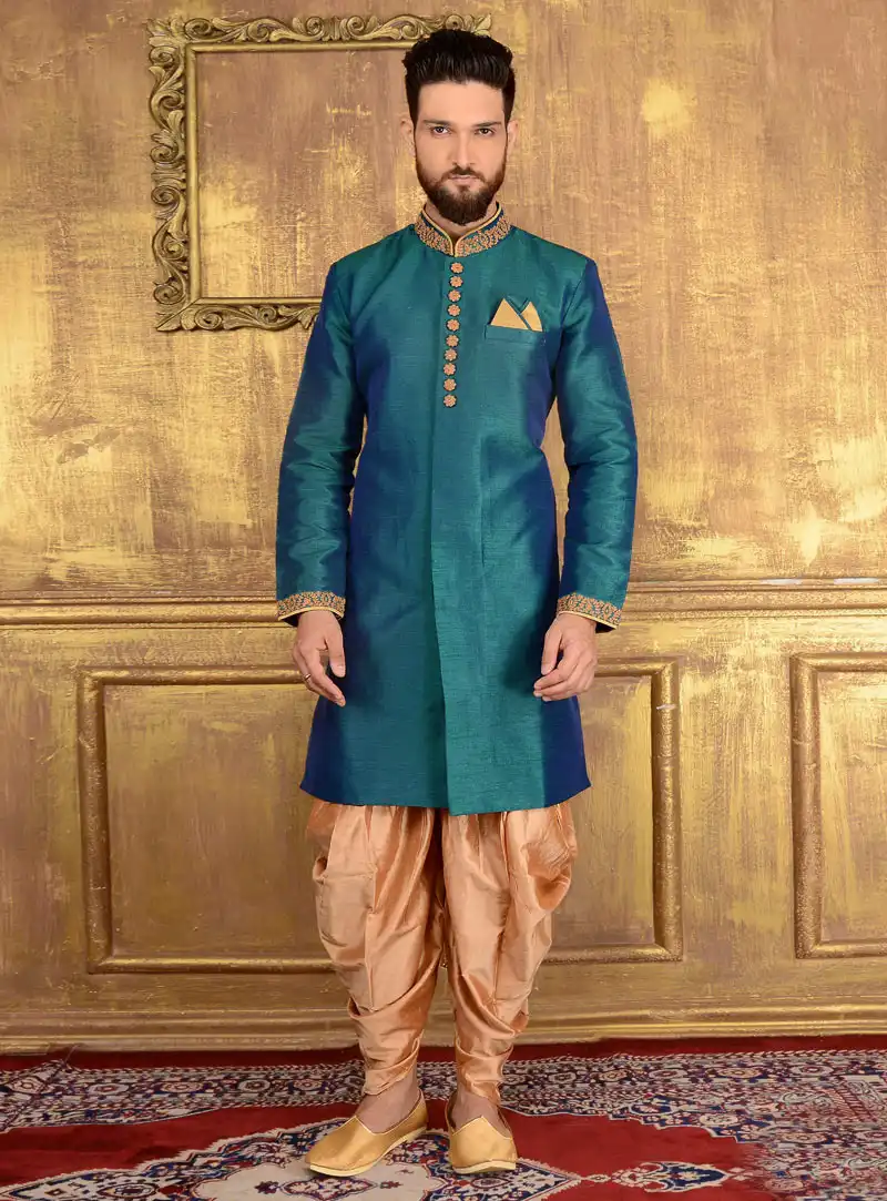 Teal Banarasi Silk Indo Western Sherwani 108180