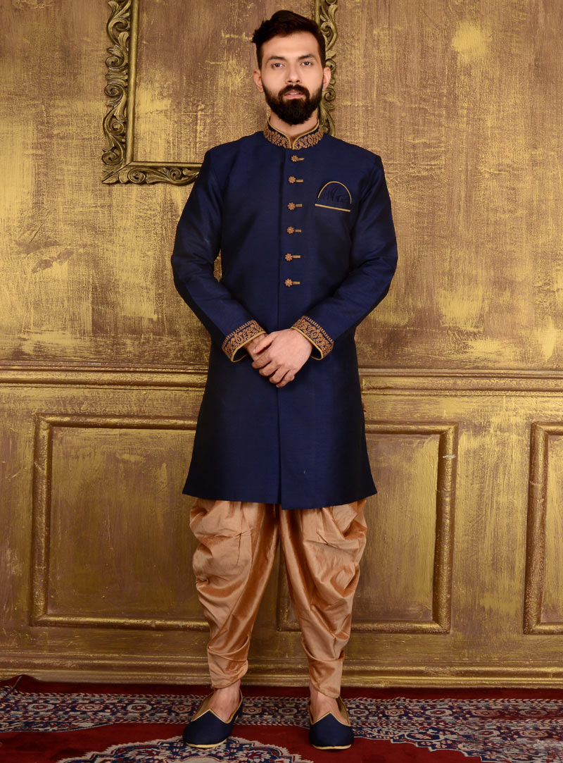 Navy Blue Banarasi Silk Indo Western Sherwani 108181