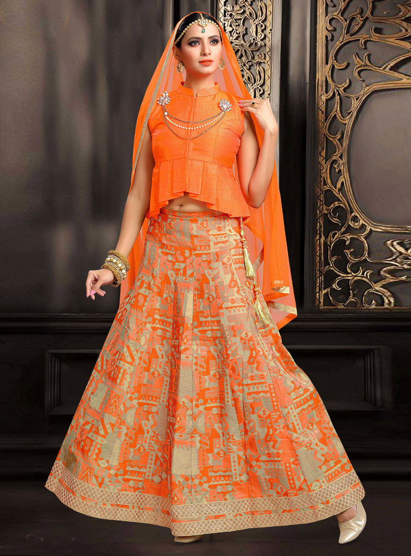 Orange Chanderi Readymade Long Choli Lehenga 106356