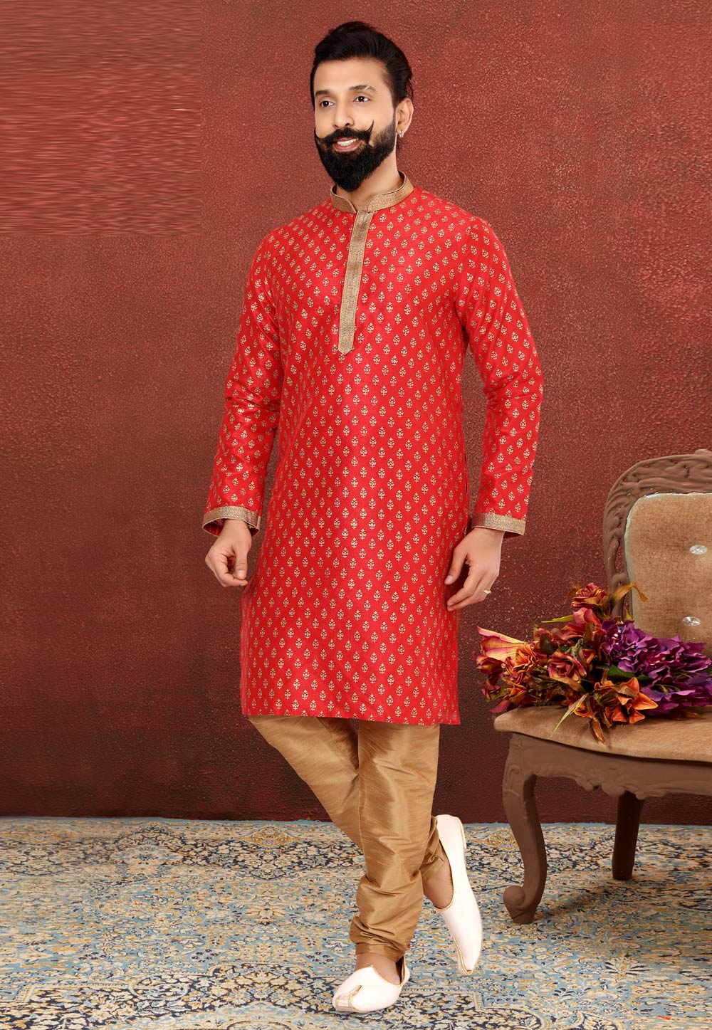 Red Banarasi Kurta Pajama 240452