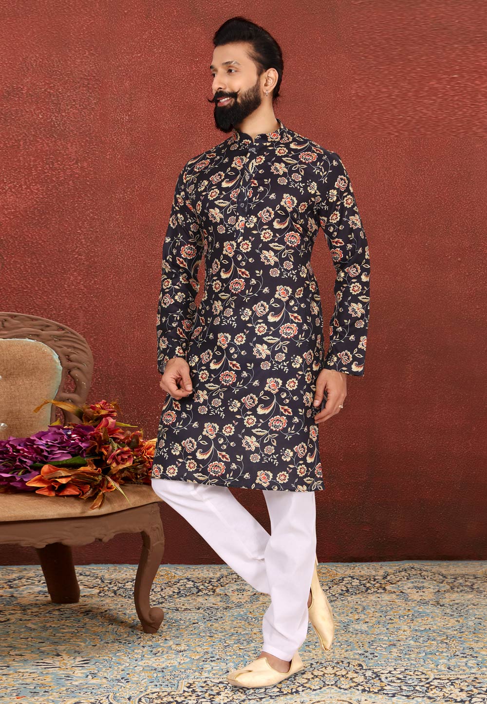 Navy Blue Cotton Kurta Pajama 240453