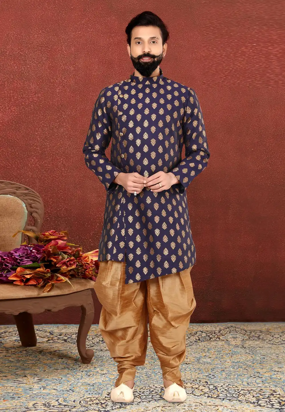 Navy Blue Jacquard Silk Indo Western Suit 238834