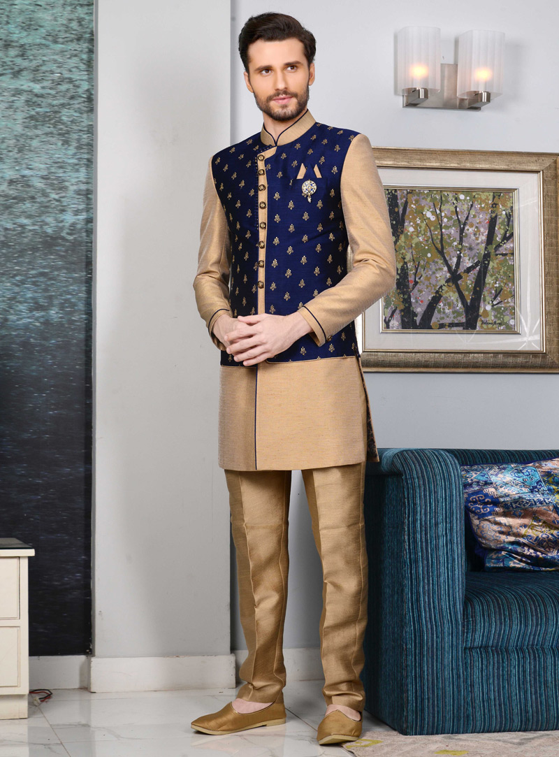 Navy Blue Banarasi Indo Western Sherwani 108142