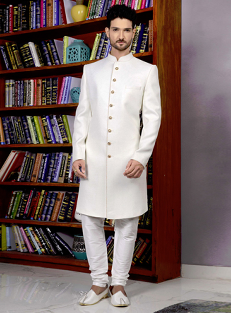 White Art Silk Indo Western Sherwani 108153