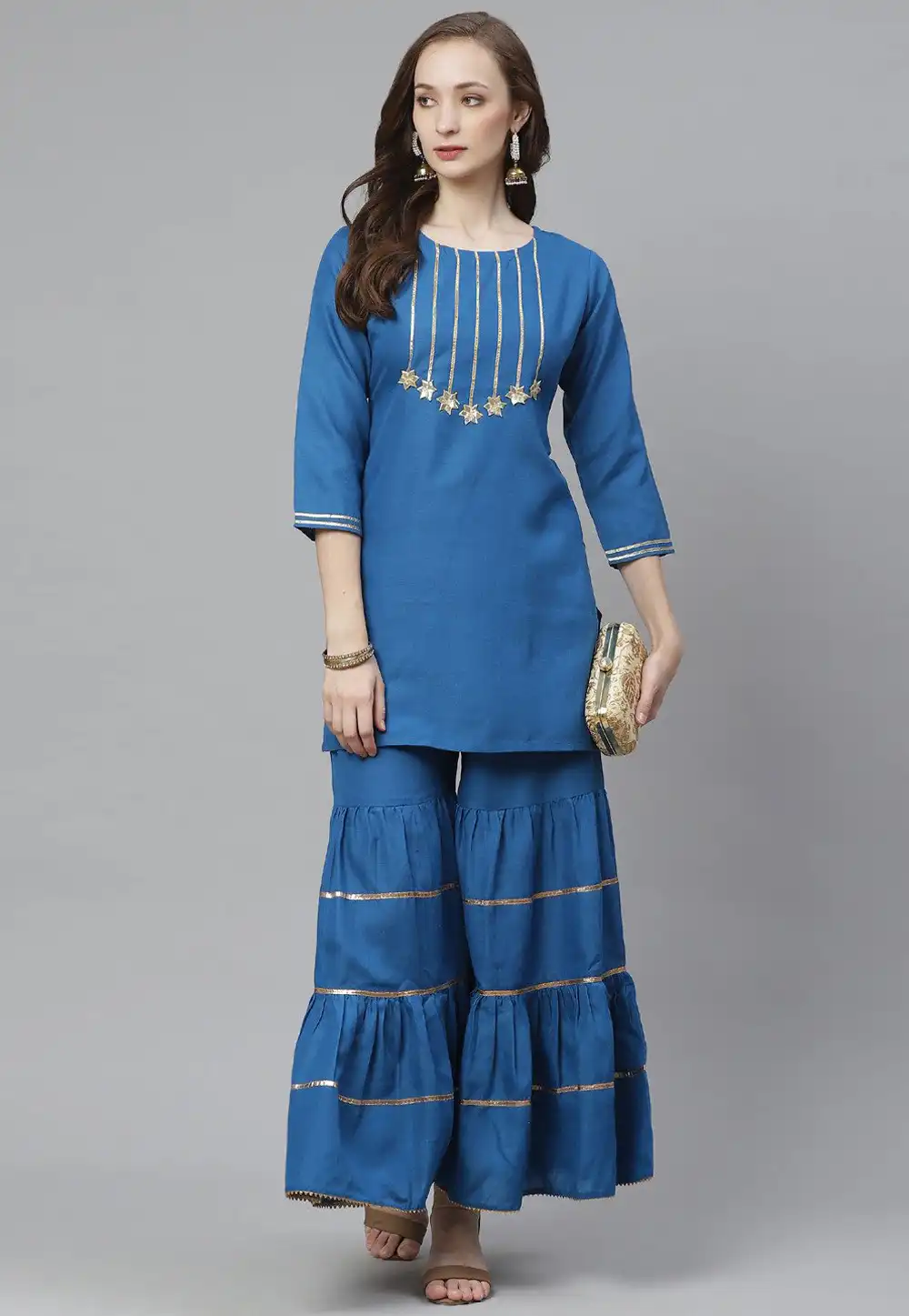 Blue Rayon Kurta Set With Sharara 232108