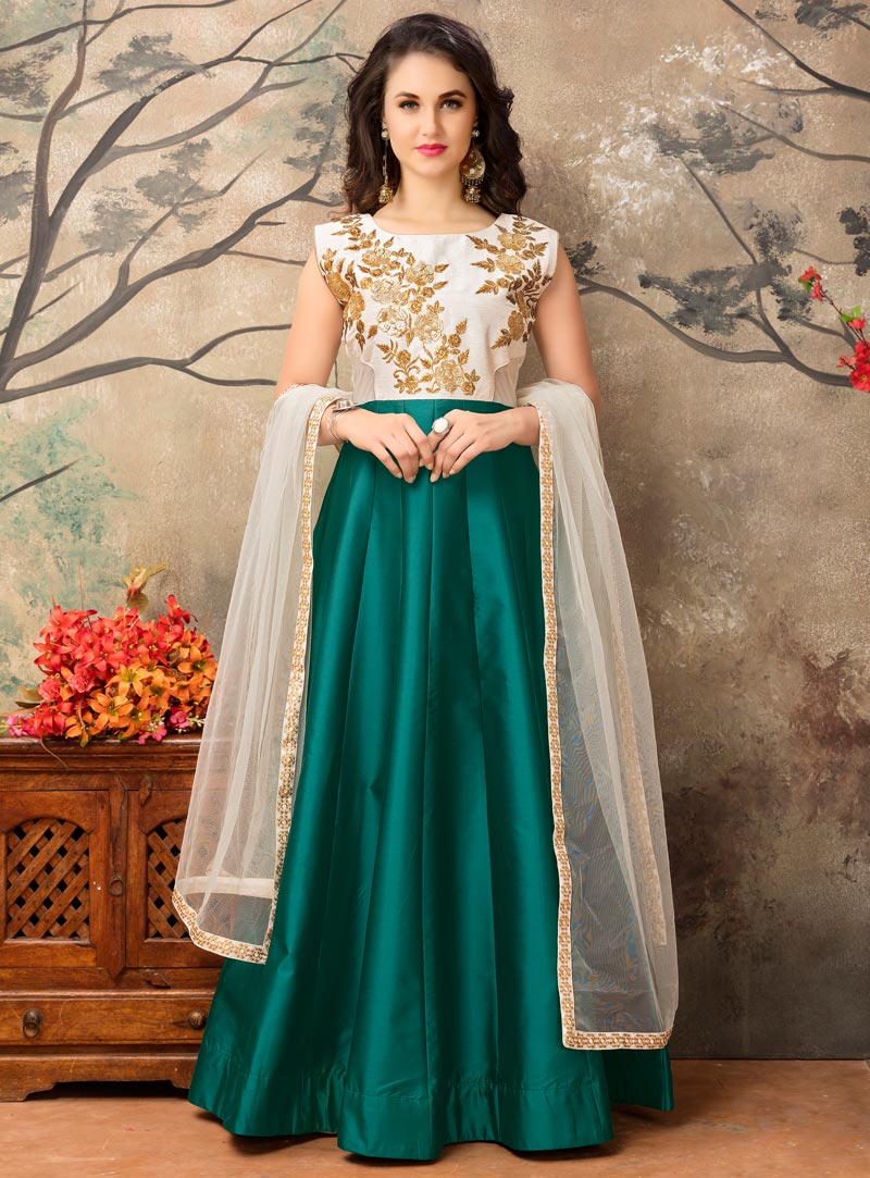 Teal Taffeta Silk Floor Length Anarkali Suit 90079
