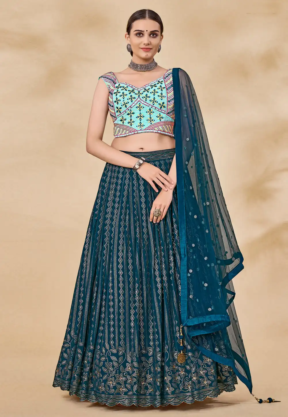 Teal Georgette A Line Lehenga Choli 248032