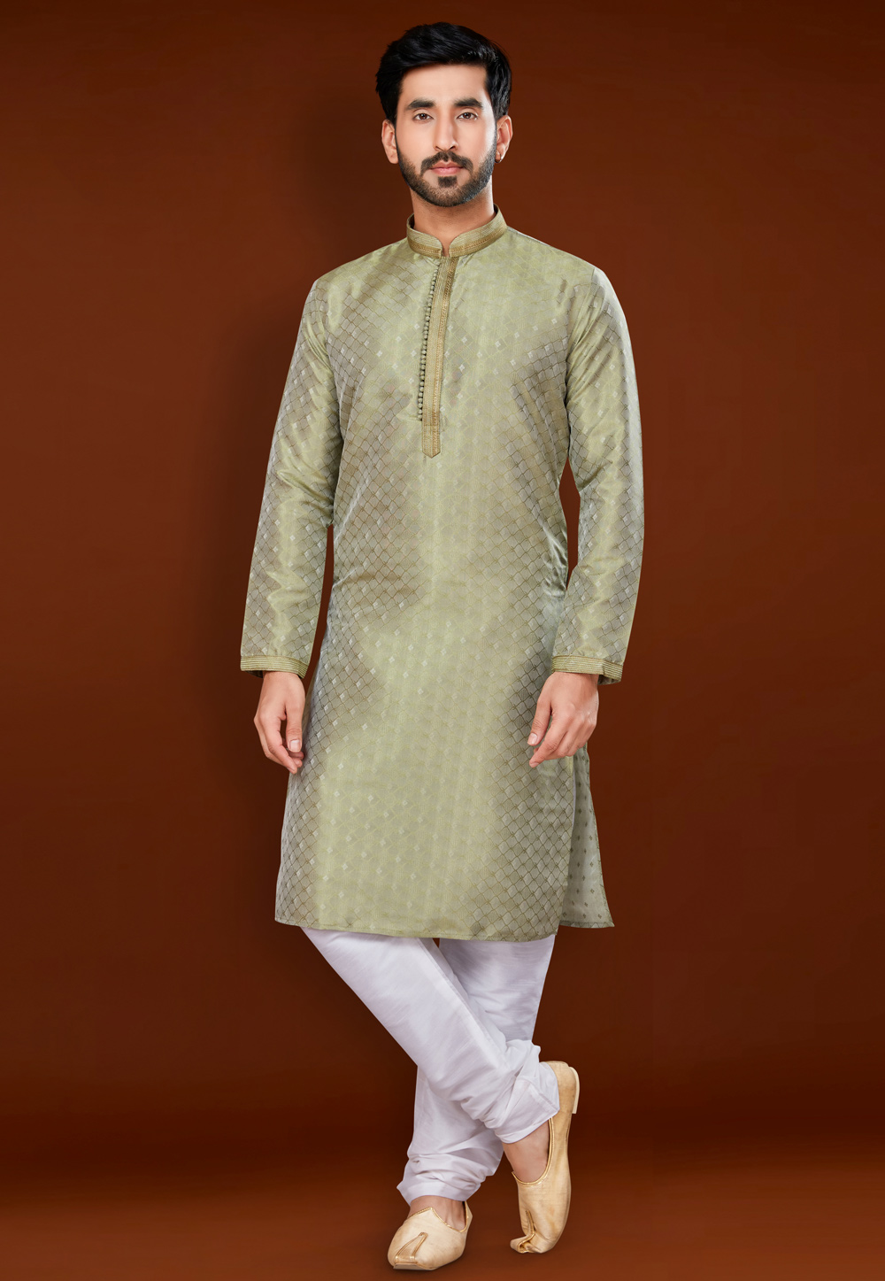 Light Green Jacquard Kurta Pajama 256343