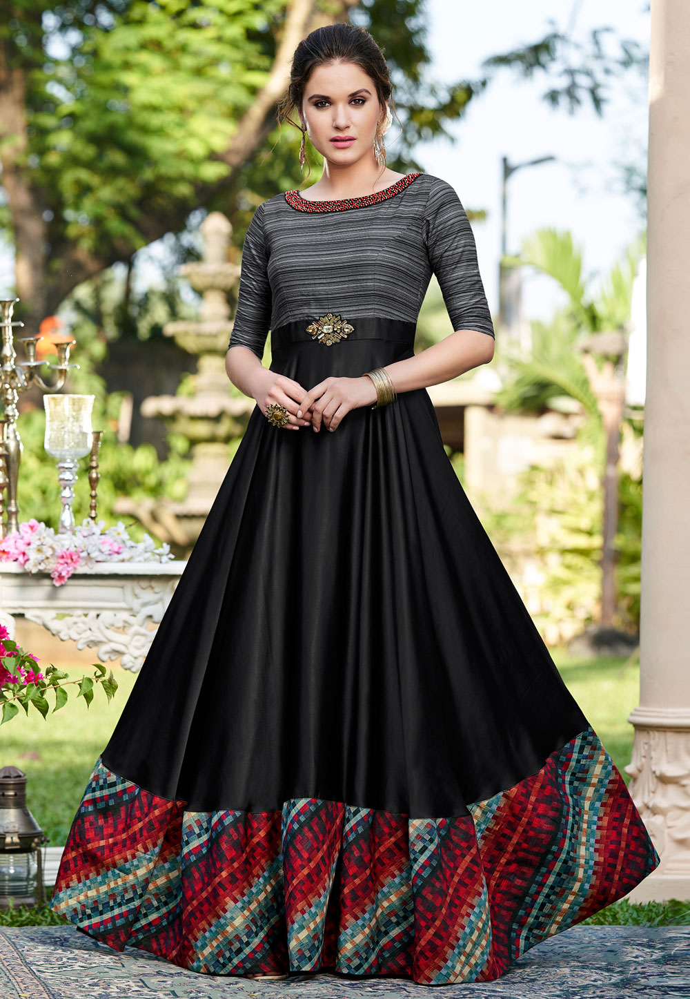 Black Cotton Printed Gown 162692