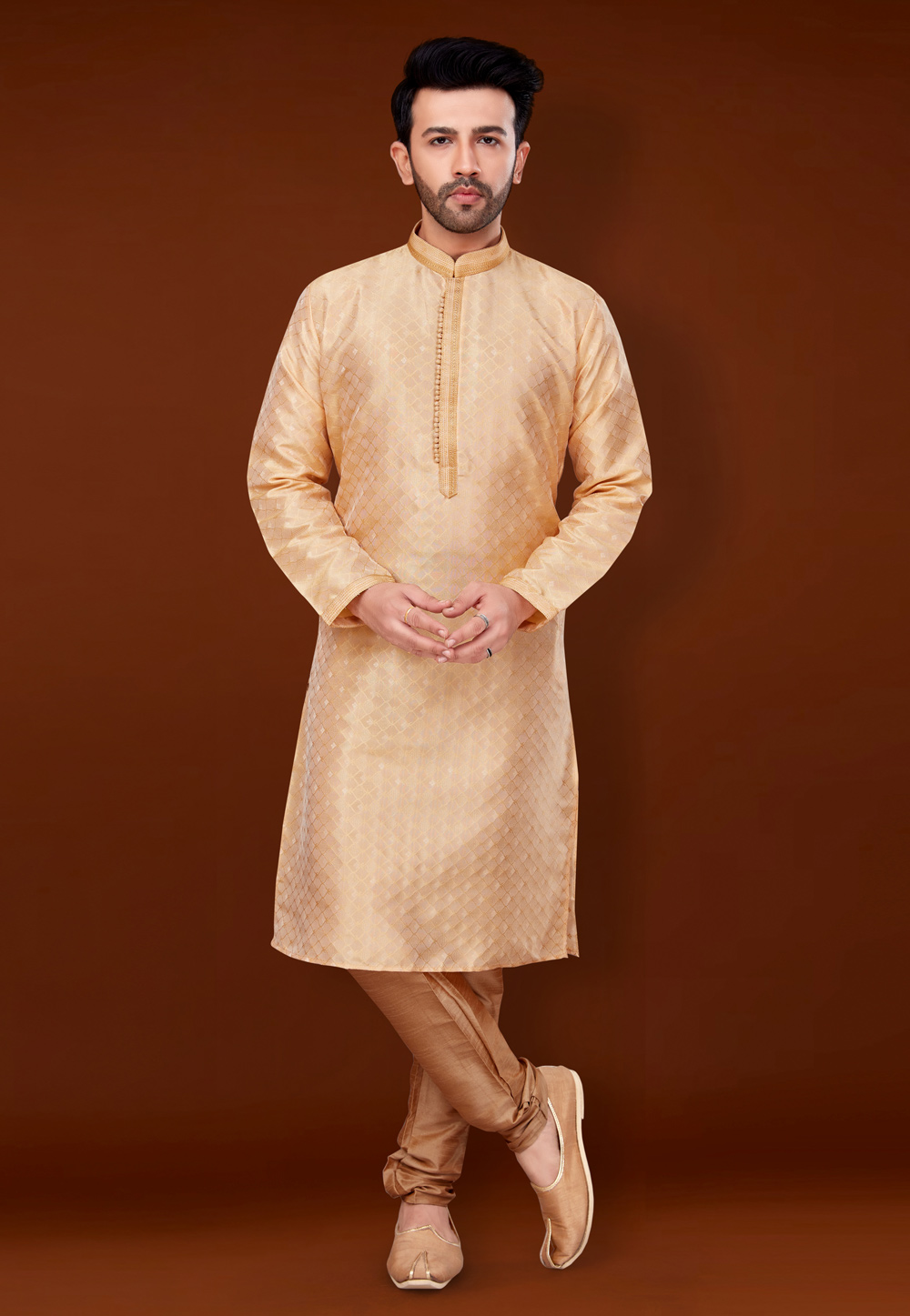 Golden Jacquard Kurta Pajama 256344