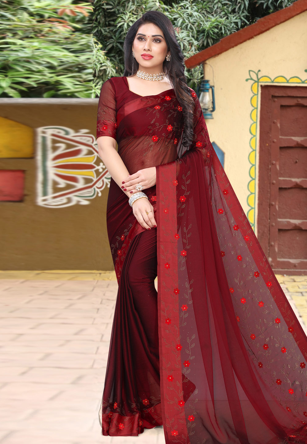 Maroon Satin Festival Wear Saree 208414