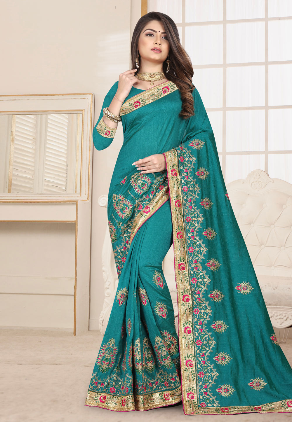 Tuquoise Silk Festival Wear Saree 190252