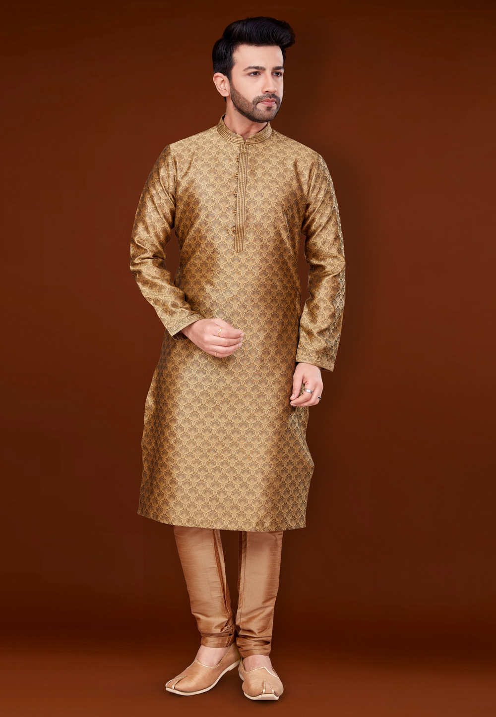 Golden Jacquard Kurta Pajama 256346