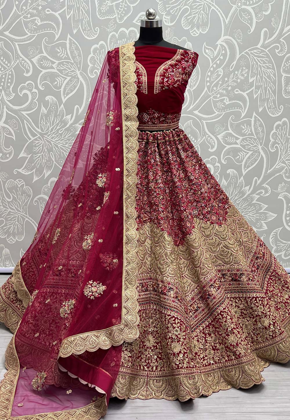 Magenta Velvet Bridal Lehenga Choli 272474