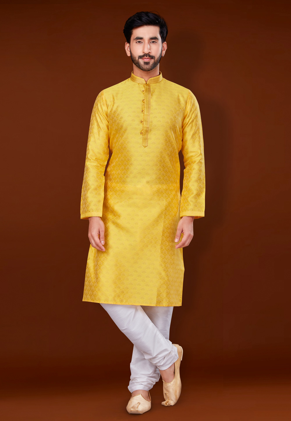 Yellow Jacquard Kurta Pajama 256349