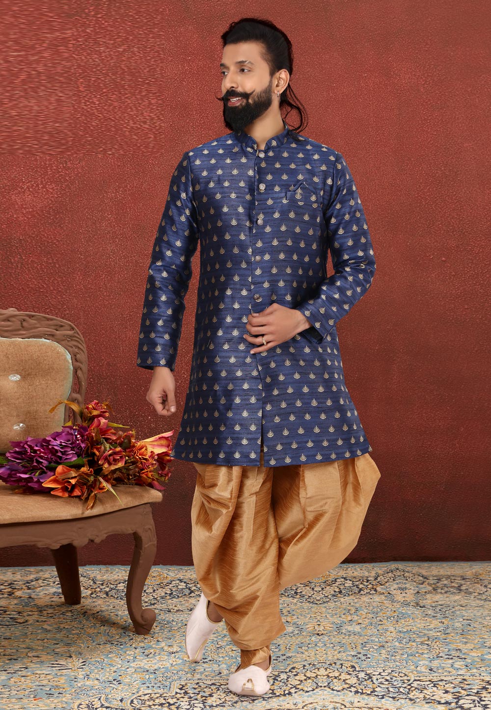 Navy Blue Jacquard Silk Indo Western Suit 238836