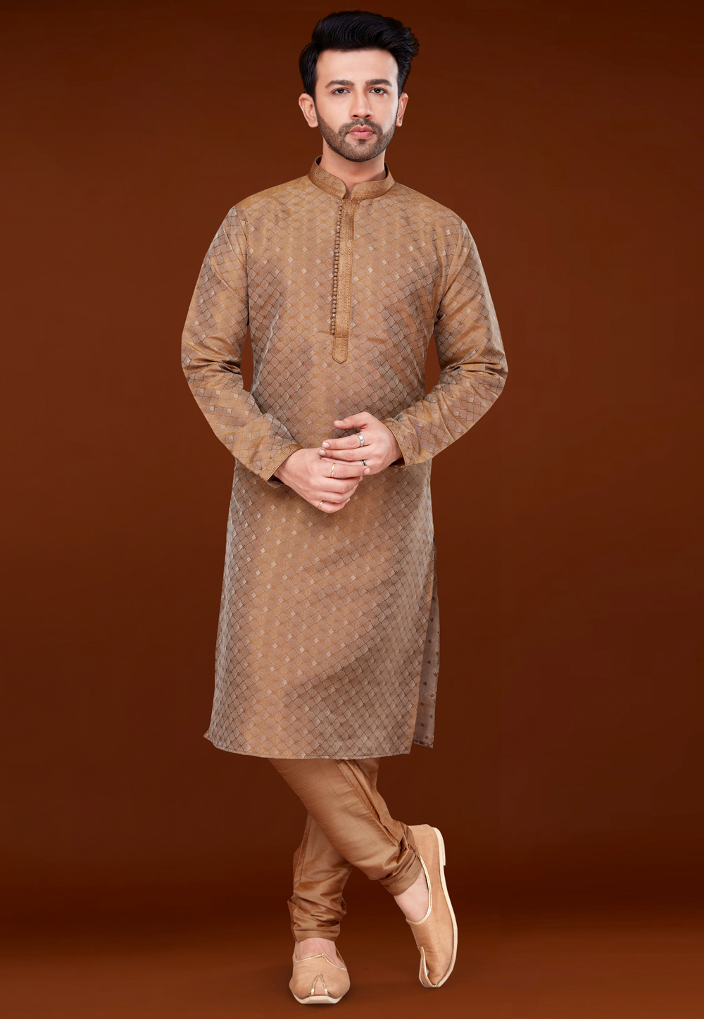 Brown Jacquard Kurta Pajama 256353