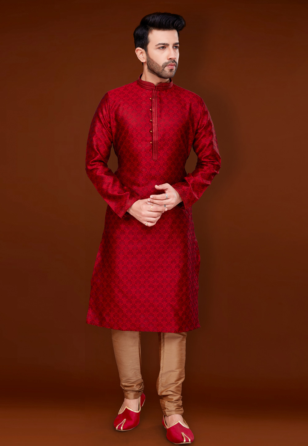 Red Jacquard Kurta Pajama 256355