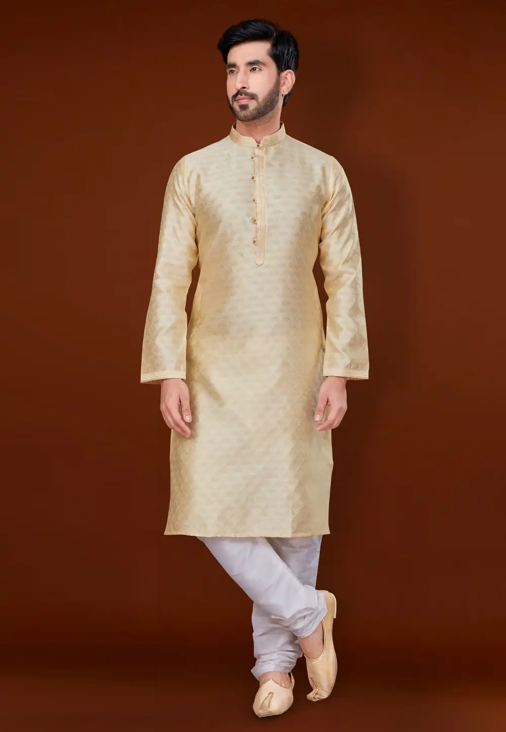 Cream Jacquard Kurta Pajama 256358