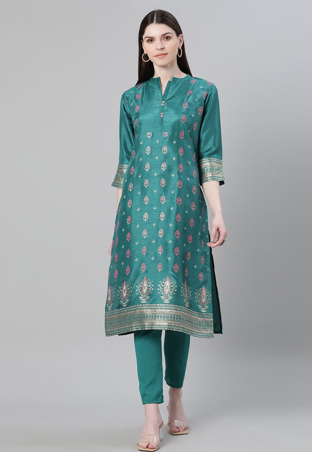 Teal Silk Kurta Set With Pant 235637