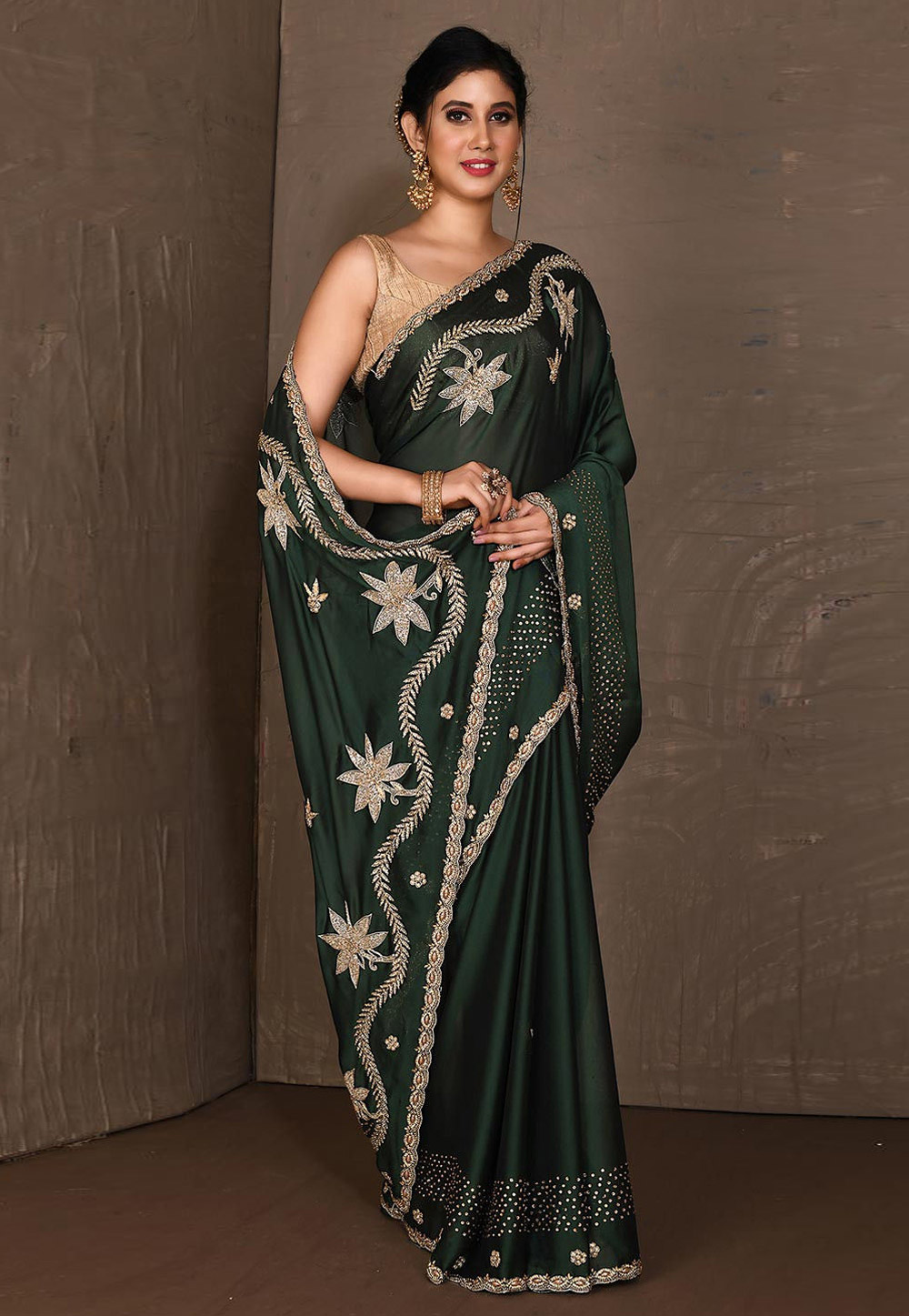 Green Satin Saree With Blouse 242937