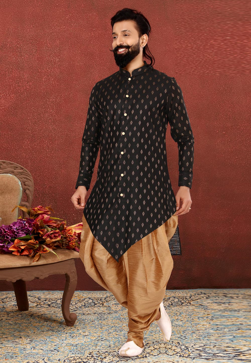 Black Cotton Silk Indo Western Suit 238838