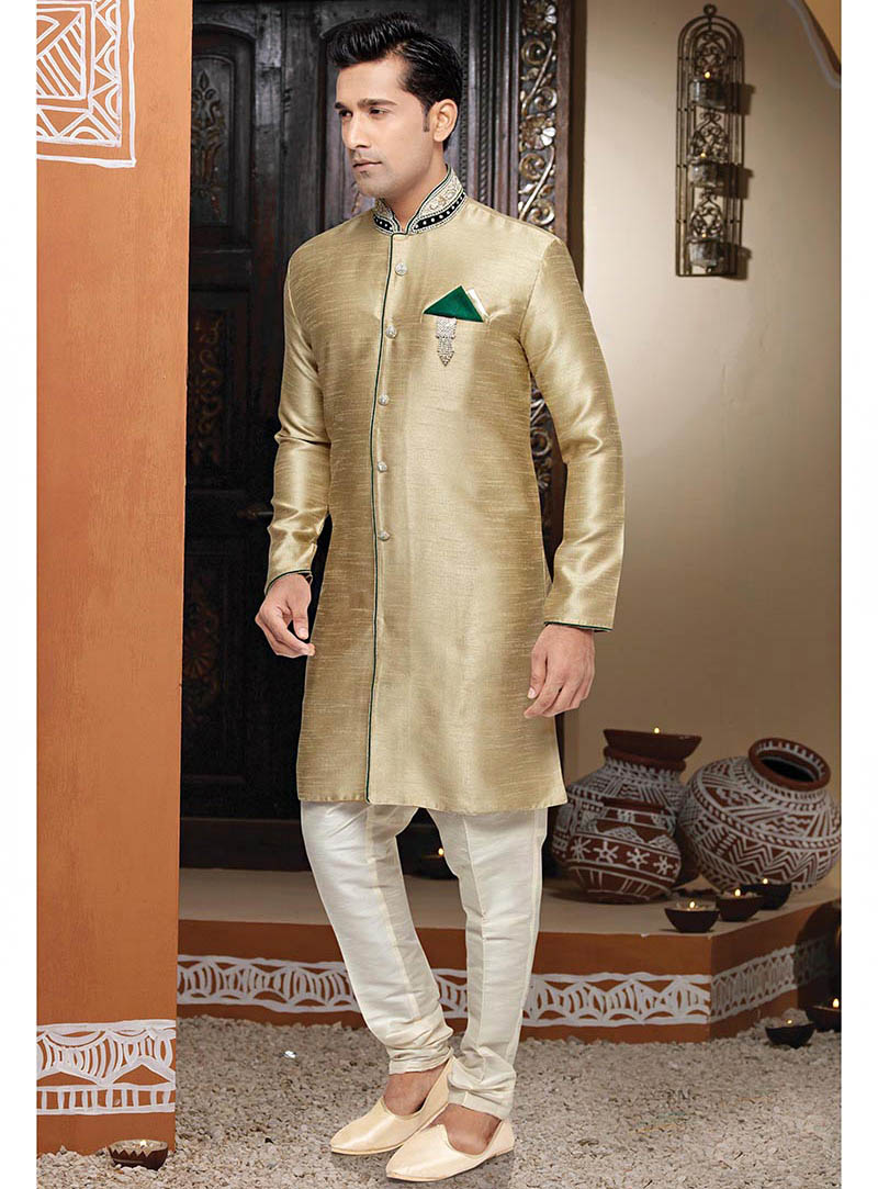 Cream Brocade Readymade Indo Western Suit 65467