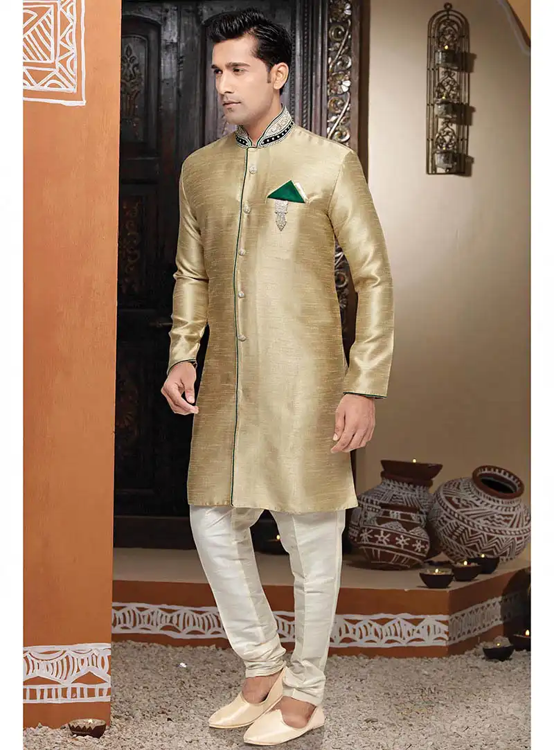 Cream Brocade Readymade Indo Western Suit 65467